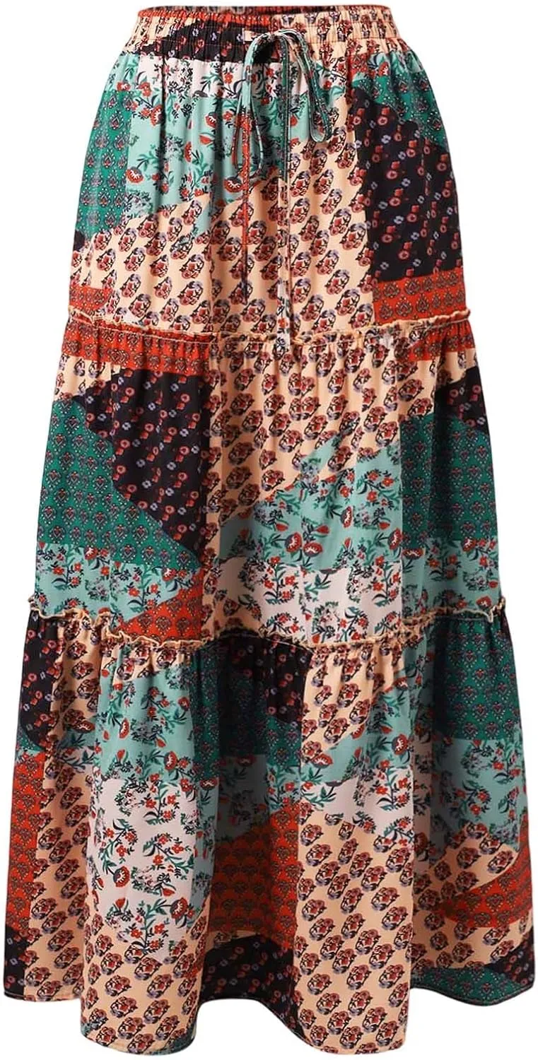 Summer Boho Skorts for Women 2025 Patchwork Ruffled Tiered Flowy Skirt Vacation Trendy Loose High Waist A Line Dress