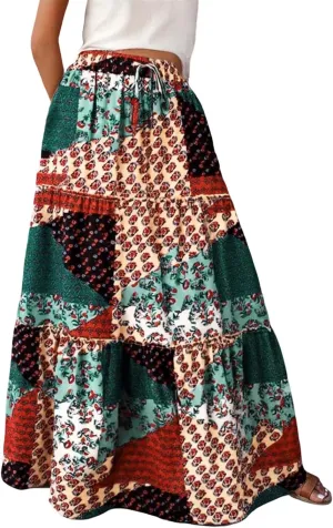 Summer Boho Skorts for Women 2025 Patchwork Ruffled Tiered Flowy Skirt Vacation Trendy Loose High Waist A Line Dress