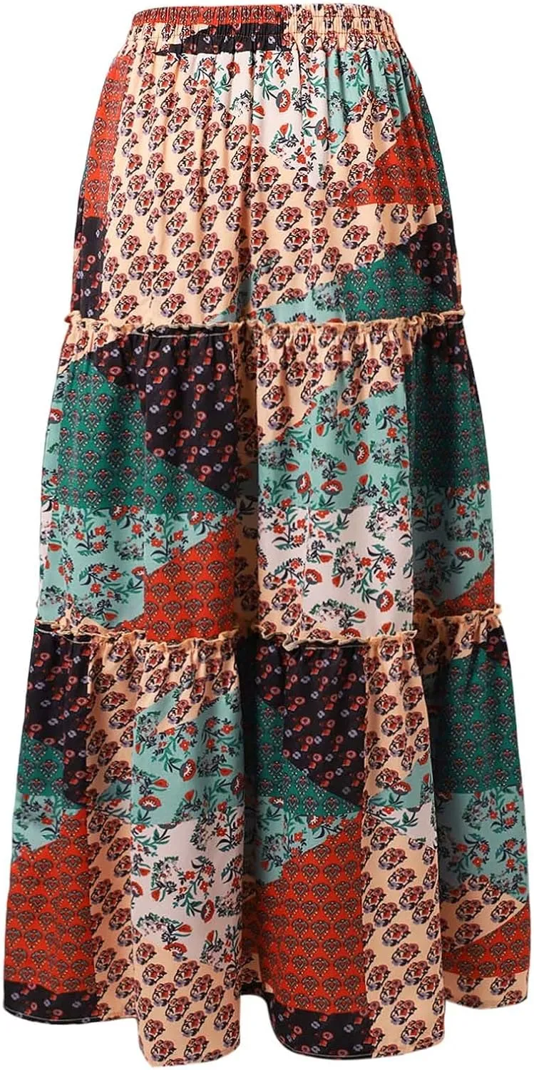 Summer Boho Skorts for Women 2025 Patchwork Ruffled Tiered Flowy Skirt Vacation Trendy Loose High Waist A Line Dress