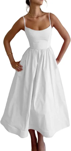 Summer Dress Casual Women Spaghetti Strap Sexy Low-Cut Sleeveless Maxi Dresses Waist Pleated Aline Flowy Swing Dress