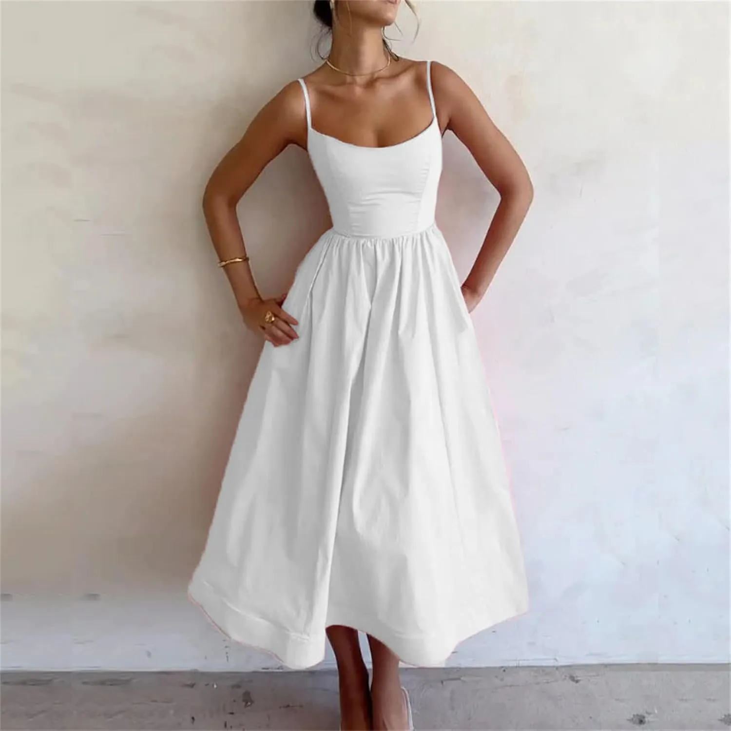 Summer Dress Casual Women Spaghetti Strap Sexy Low-Cut Sleeveless Maxi Dresses Waist Pleated Aline Flowy Swing Dress
