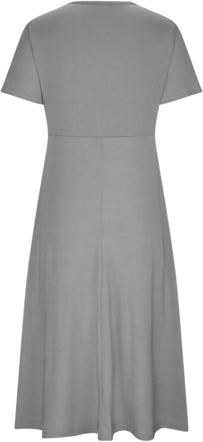 Summer Dress for Women V Neck Criss Cross A-Line Dress Short Sleeve Solid Midi Dress Pleated Wrap Dress with Pocket