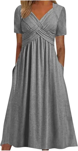 Summer Dress for Women V Neck Criss Cross A-Line Dress Short Sleeve Solid Midi Dress Pleated Wrap Dress with Pocket