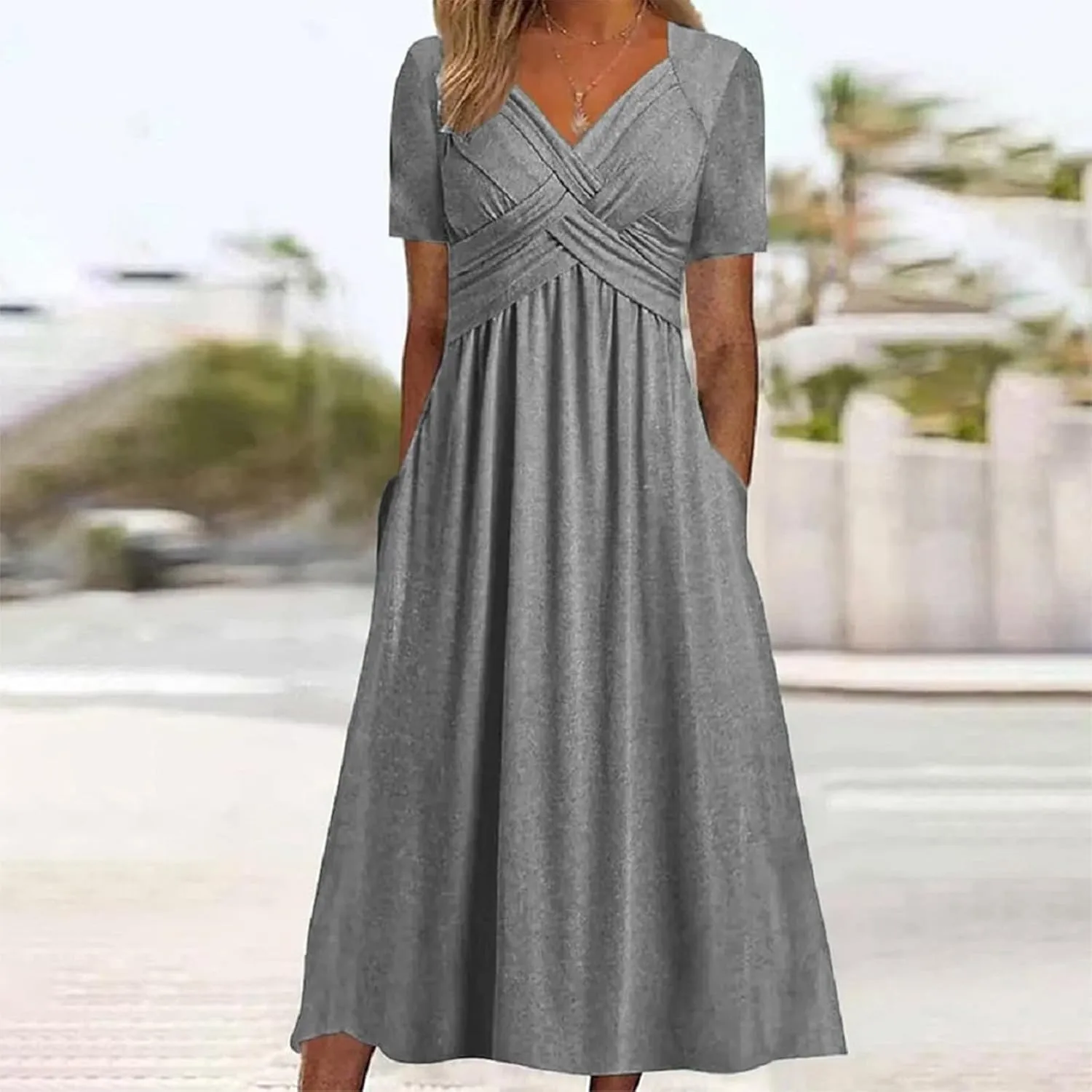 Summer Dress for Women V Neck Criss Cross A-Line Dress Short Sleeve Solid Midi Dress Pleated Wrap Dress with Pocket