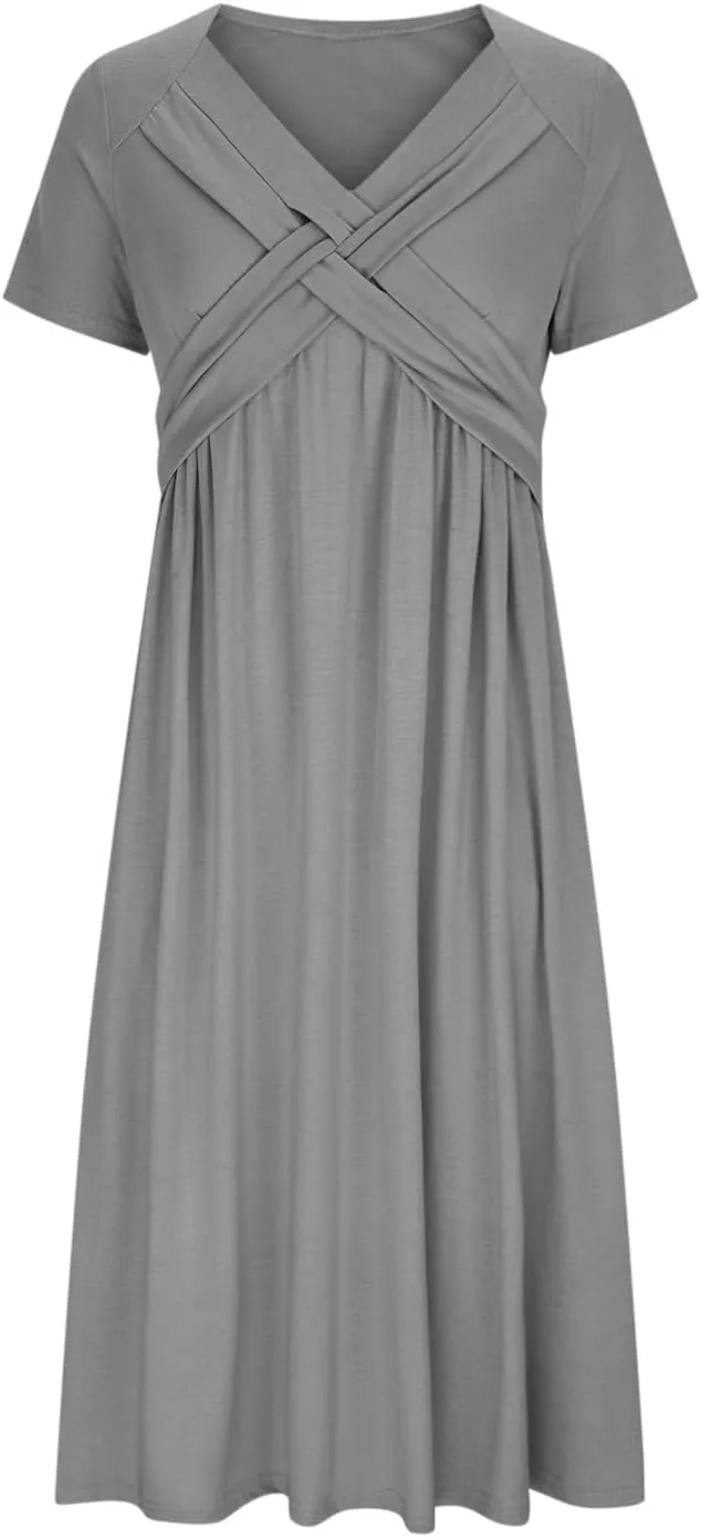Summer Dress for Women V Neck Criss Cross A-Line Dress Short Sleeve Solid Midi Dress Pleated Wrap Dress with Pocket