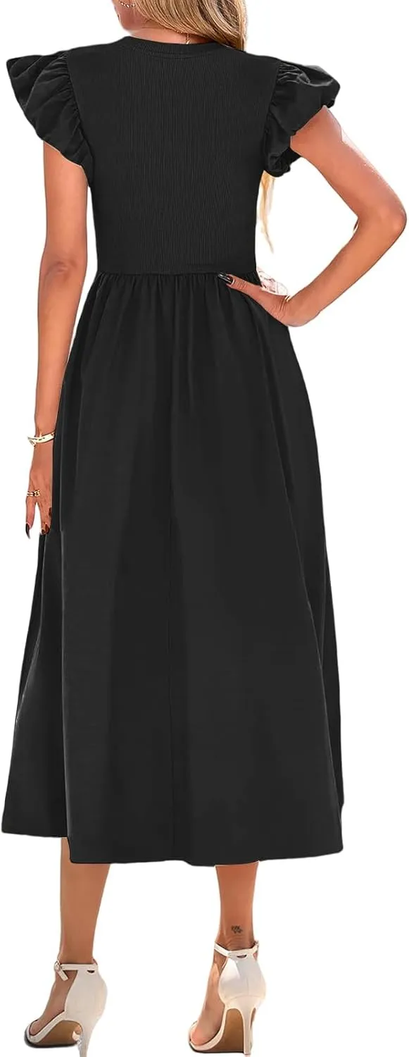 Summer Dresses for Women 2025 Puff Sleeve High Waist Crewneck Ruffle Maxi Dress Swing Flowy Dresses Sundress