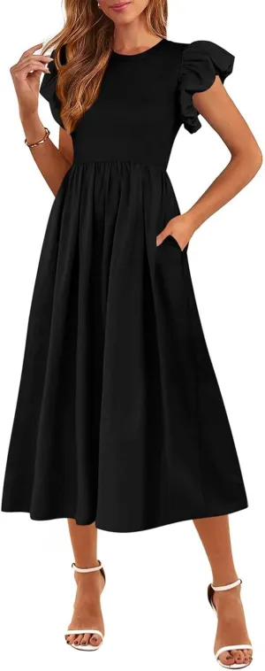 Summer Dresses for Women 2025 Puff Sleeve High Waist Crewneck Ruffle Maxi Dress Swing Flowy Dresses Sundress