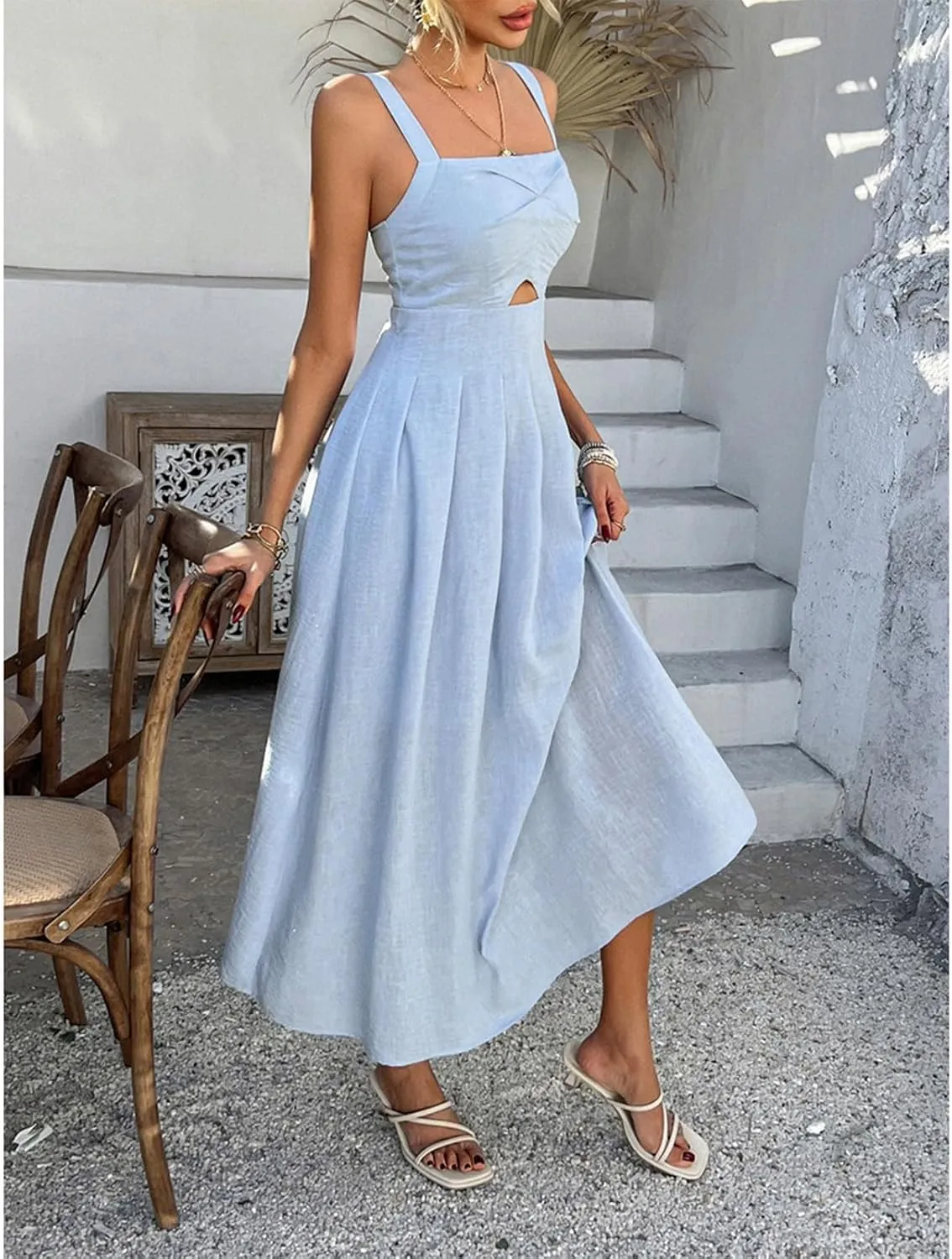 Summer Dresses for Women 2025 Solid Color Tie Empire Waist Midi Dress Flowy Floral Tropical Beach Sundresses
