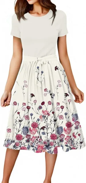 Summer Dresses for Women 2025 Solid Color Tie Empire Waist Midi Dress Flowy Floral Tropical Beach Sundresses