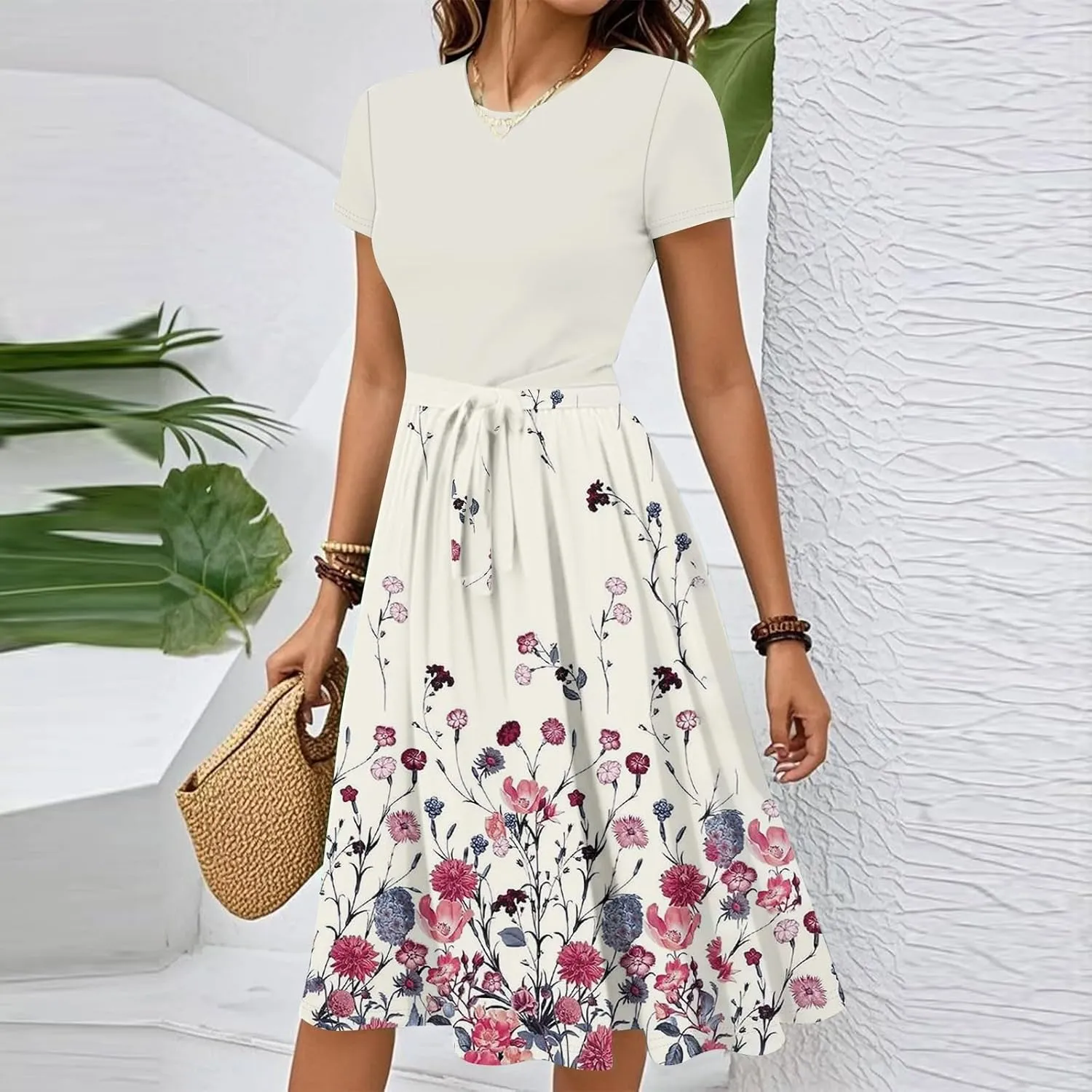 Summer Dresses for Women 2025 Solid Color Tie Empire Waist Midi Dress Flowy Floral Tropical Beach Sundresses