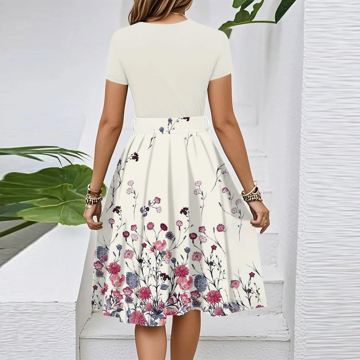 Summer Dresses for Women 2025 Solid Color Tie Empire Waist Midi Dress Flowy Floral Tropical Beach Sundresses