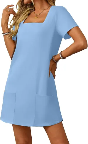 Summer Dresses for Women 2025 Square Neck Short Sleeve Loose Mini Dress with Pocket Fashion Trendy Dressy Dresses