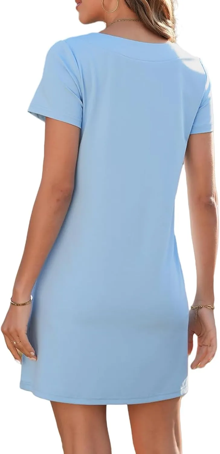 Summer Dresses for Women 2025 Square Neck Short Sleeve Loose Mini Dress with Pocket Fashion Trendy Dressy Dresses