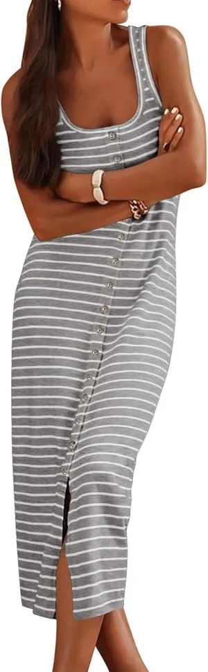 Summer Dresses for Women 2025 Striped Sleeveless U Neck Button Down Maxi Dress Slim Fit Split Sundress