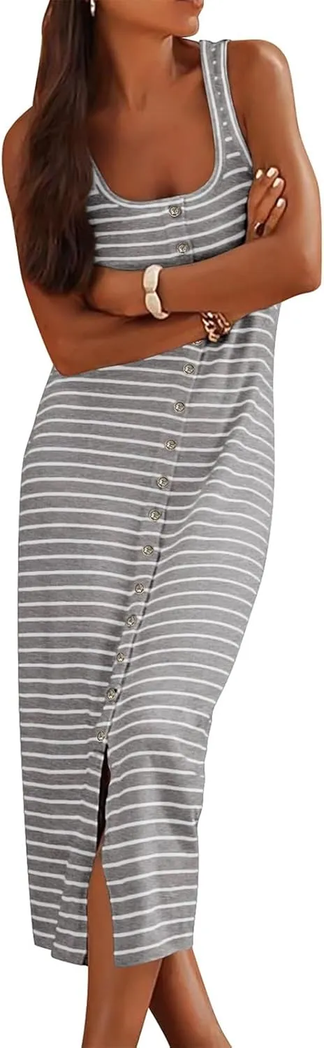Summer Dresses for Women 2025 Striped Sleeveless U Neck Button Down Maxi Dress Slim Fit Split Sundress