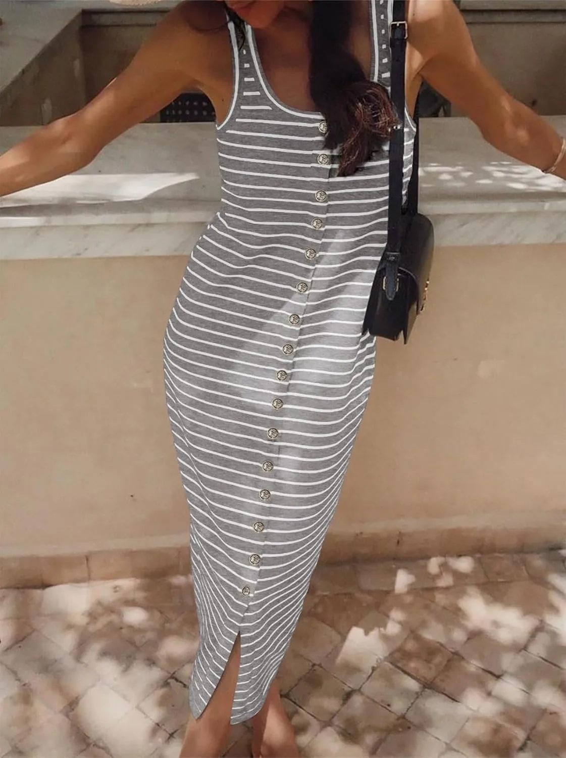 Summer Dresses for Women 2025 Striped Sleeveless U Neck Button Down Maxi Dress Slim Fit Split Sundress