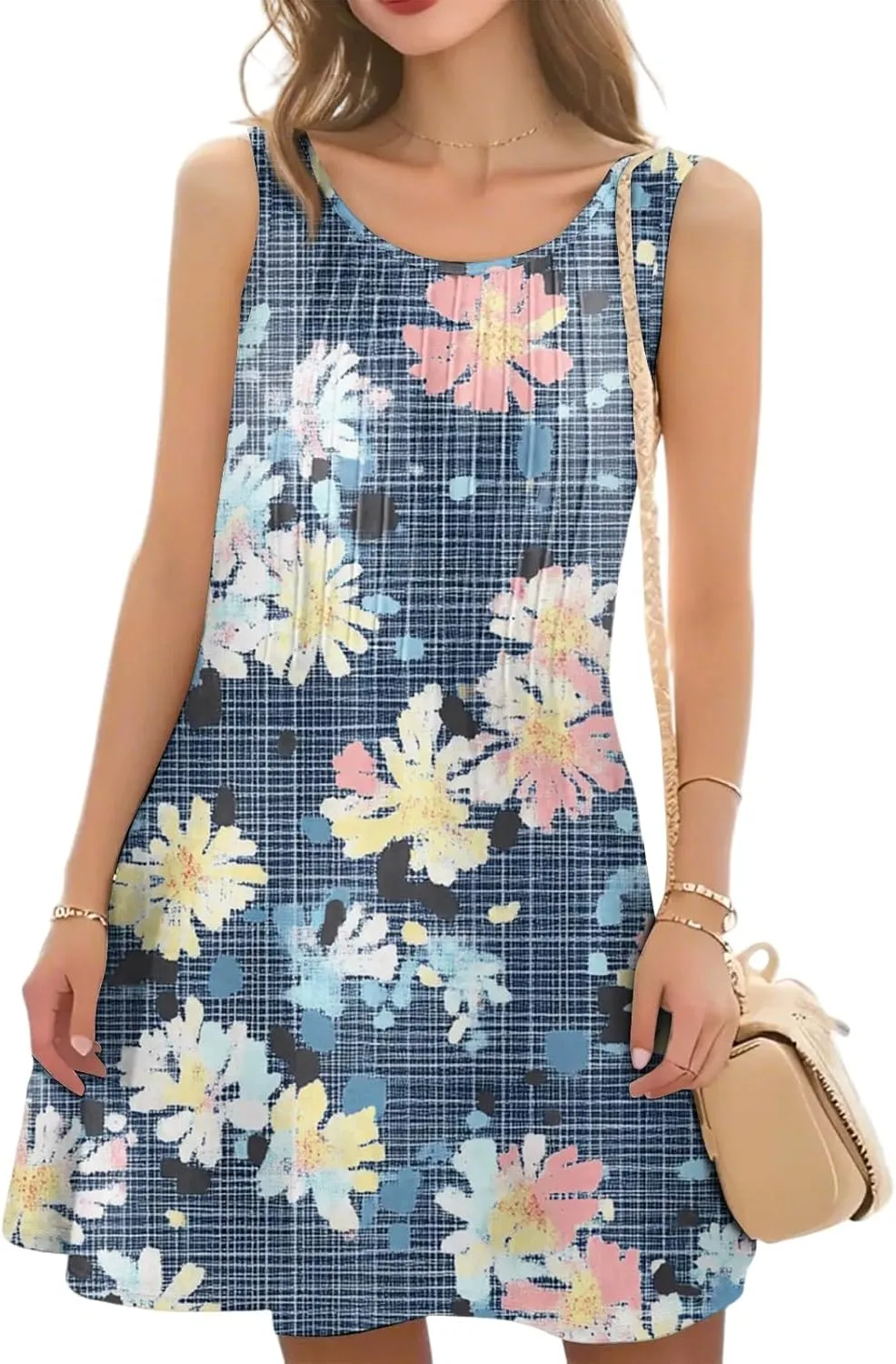 Summer Dresses for Women 2025 Trendy Floral Cami Midi Sundresses Elegant Plisse Smocked Empire Waist Sleeveless Dress