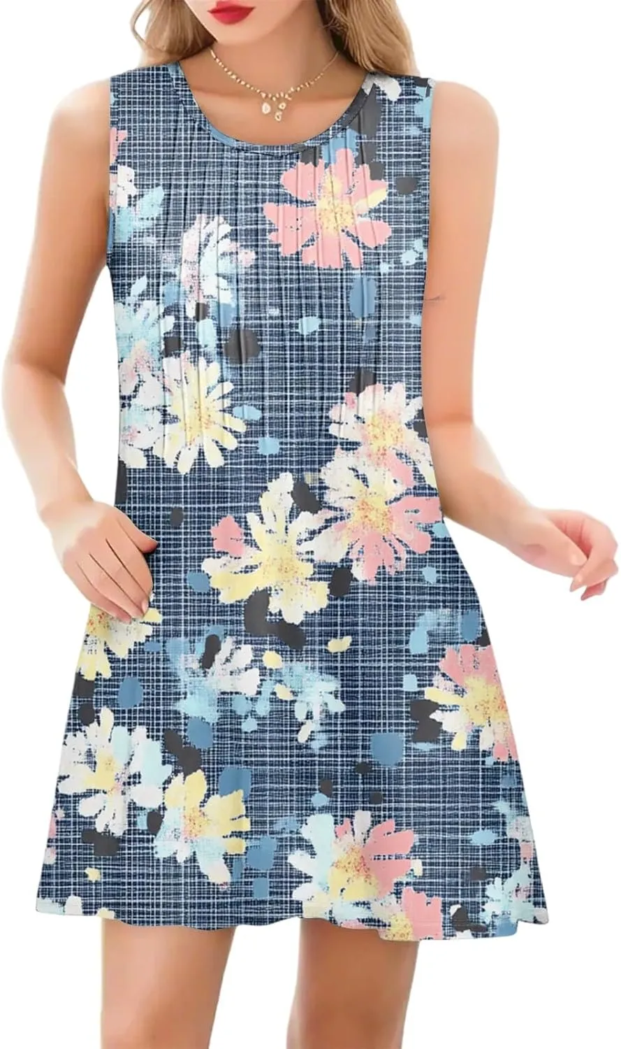 Summer Dresses for Women 2025 Trendy Floral Cami Midi Sundresses Elegant Plisse Smocked Empire Waist Sleeveless Dress