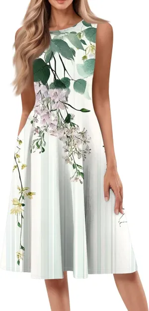 Summer Dresses for Women 2025 Trendy Floral Strappy Midi Sundresses Elegant Checkered Empire Waist Sleeveless Draped Dress