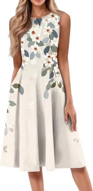 Summer Dresses for Women 2025 Trendy Floral Strappy Midi Sundresses Elegant Tie Dye Empire Waist Sleeveless Draped Dress