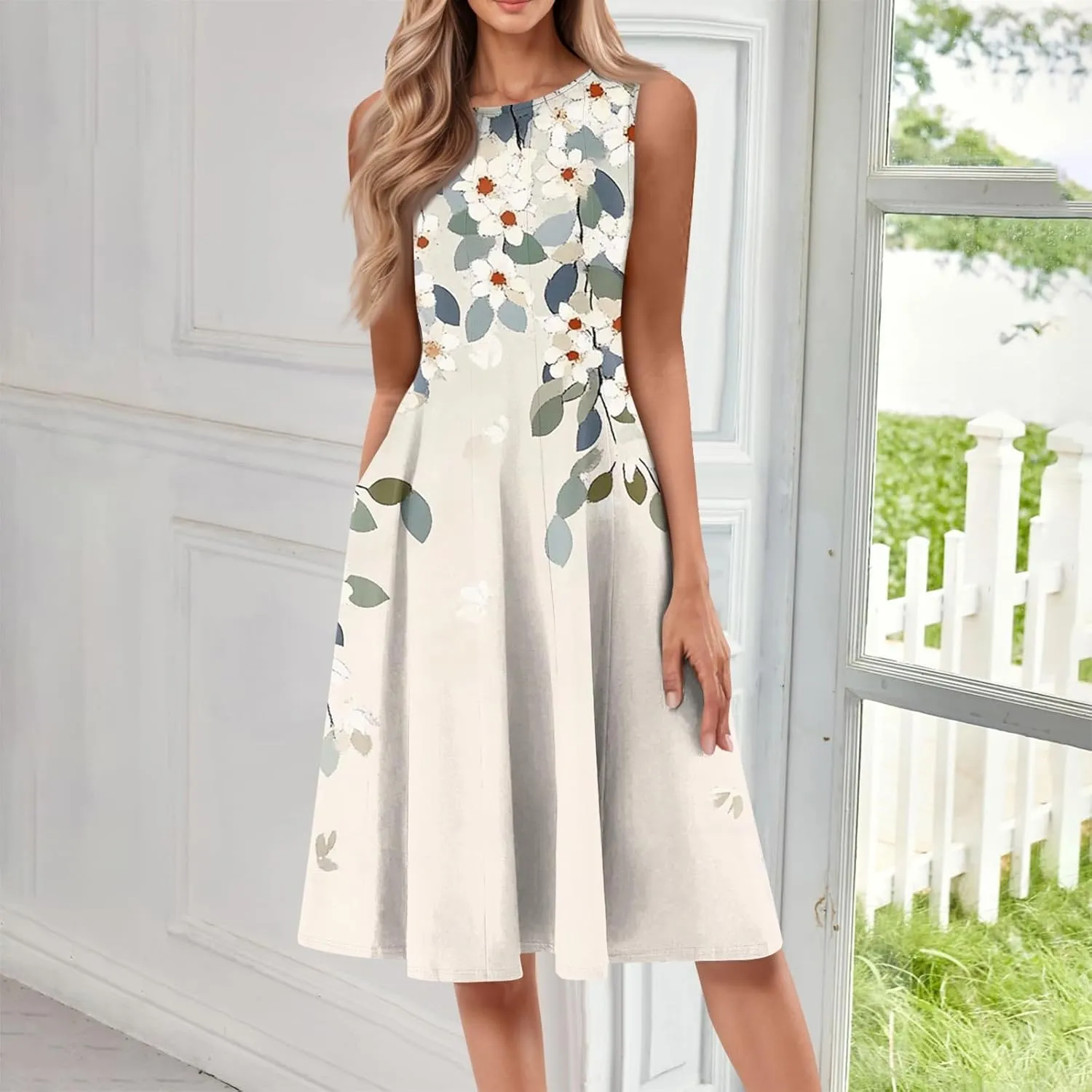 Summer Dresses for Women 2025 Trendy Floral Strappy Midi Sundresses Elegant Tie Dye Empire Waist Sleeveless Draped Dress