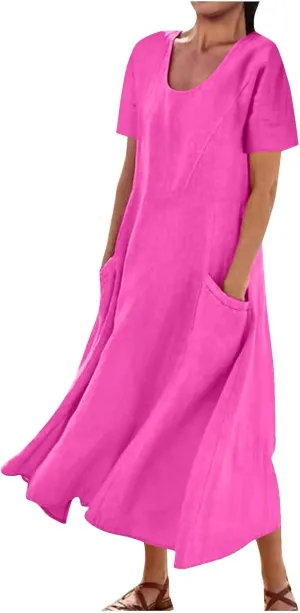 Summer Dresses for Women Cotton Linen Short Sleeve Flowy Maxi Dresses Plus Size Crewneck Beach Dress Loose Sundress