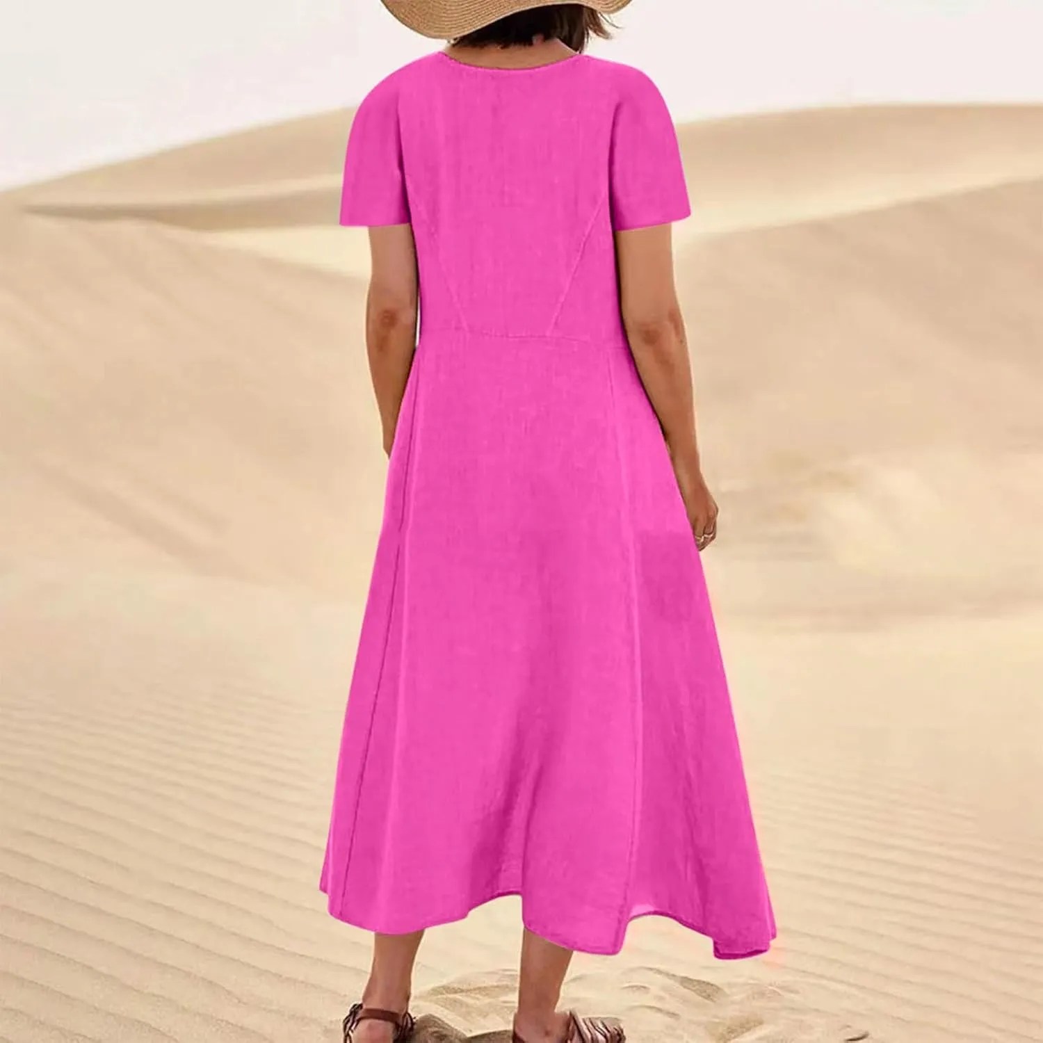 Summer Dresses for Women Cotton Linen Short Sleeve Flowy Maxi Dresses Plus Size Crewneck Beach Dress Loose Sundress