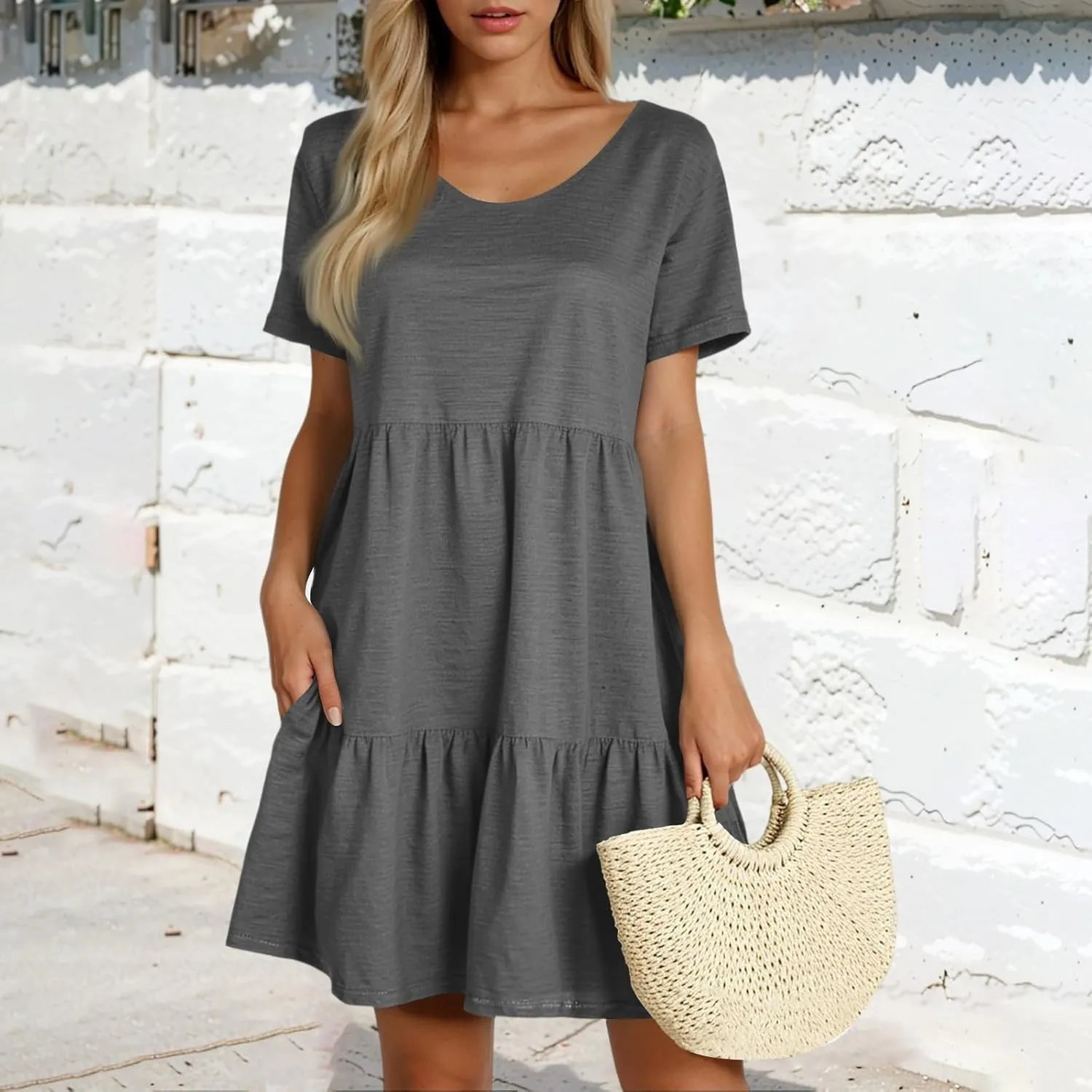 Summer Dresses for Women Crewneck Short Sleeve Babydoll Elegant Empire Waist Mini Swing Skater Dresses with Pockets