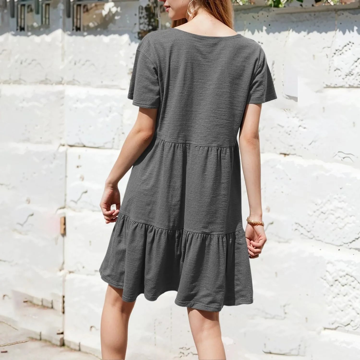 Summer Dresses for Women Crewneck Short Sleeve Babydoll Elegant Empire Waist Mini Swing Skater Dresses with Pockets