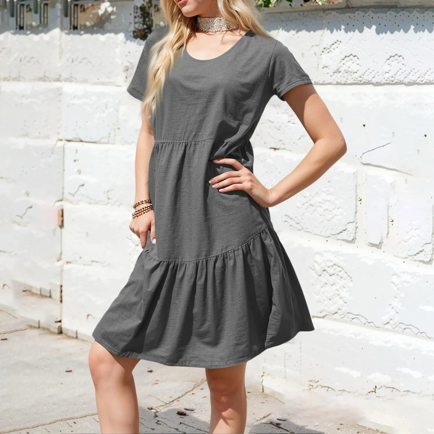 Summer Dresses for Women Crewneck Short Sleeve Babydoll Elegant Empire Waist Mini Swing Skater Dresses with Pockets