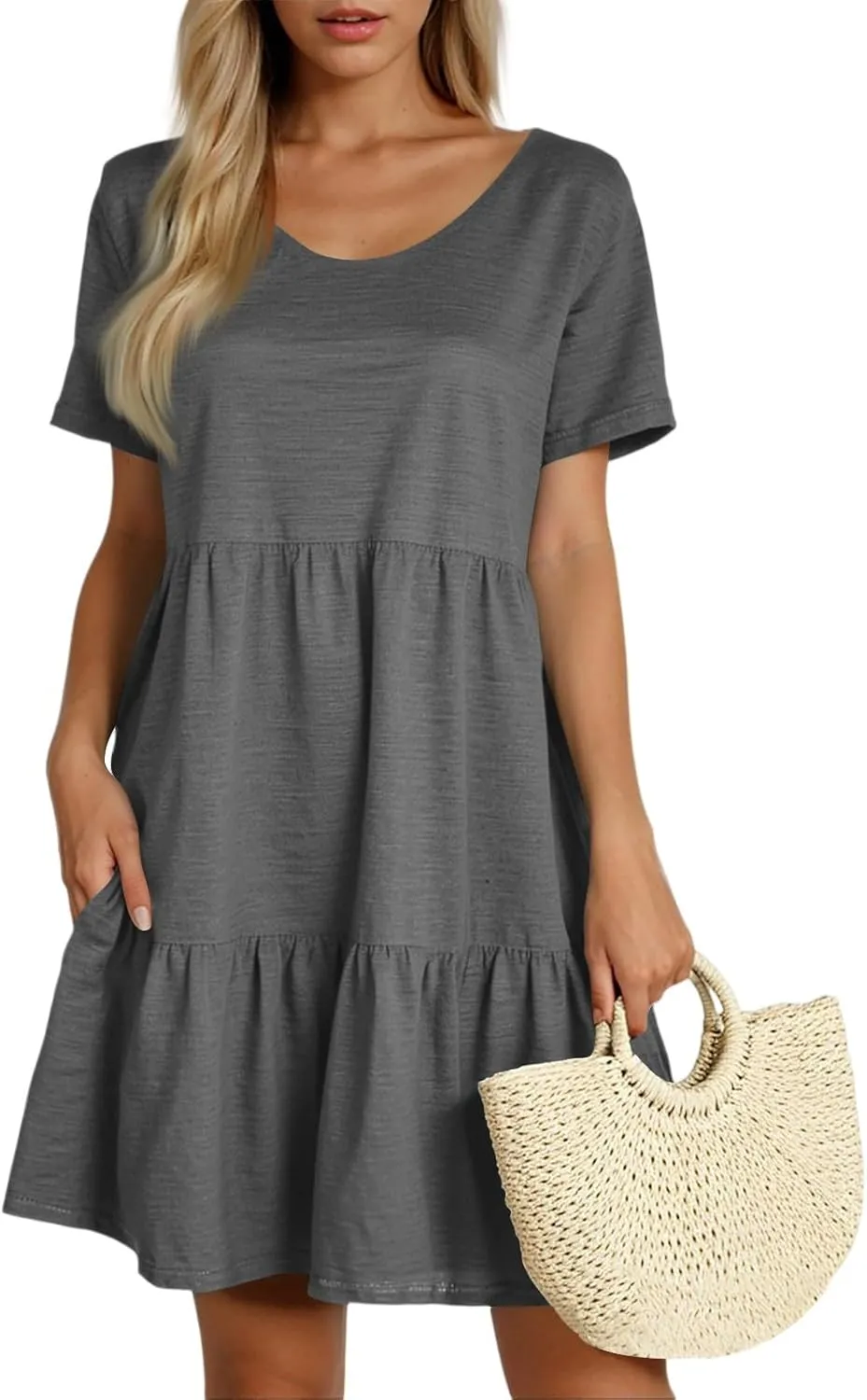 Summer Dresses for Women Crewneck Short Sleeve Babydoll Elegant Empire Waist Mini Swing Skater Dresses with Pockets
