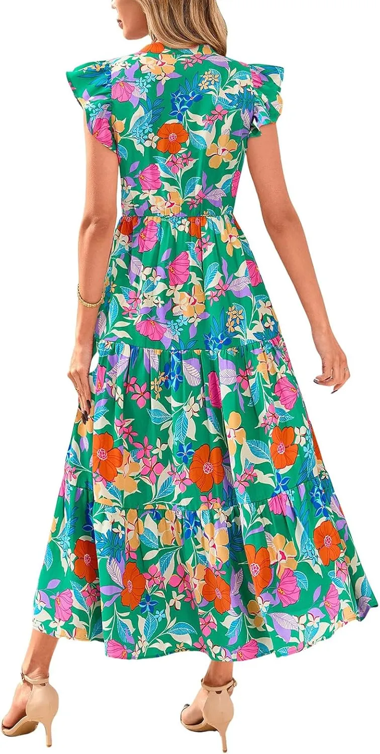Summer Dresses for Women Trendy Floral Print V Neck Ruffle Sleeveless Maxi Dress Casual Flowy Tunic Ruffle Hem Dress