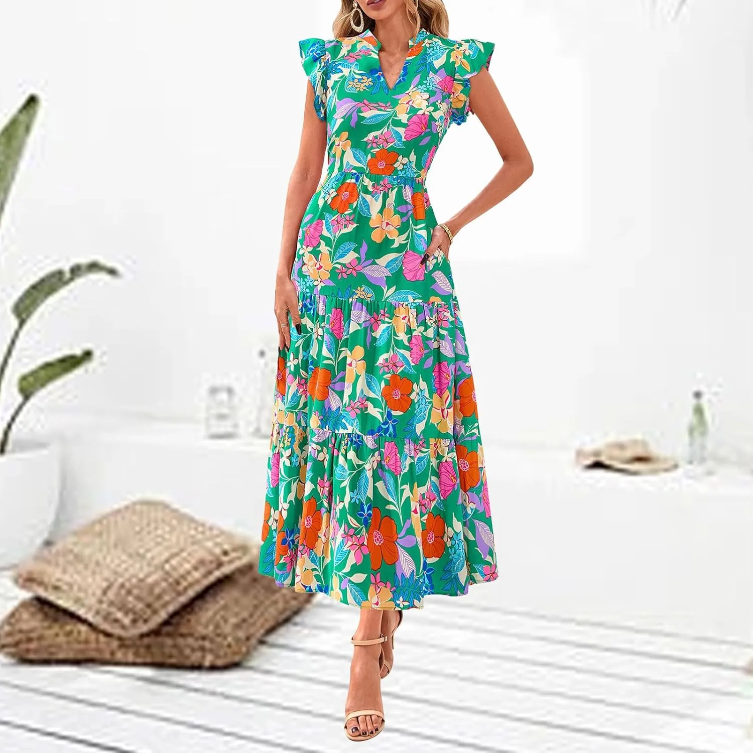 Summer Dresses for Women Trendy Floral Print V Neck Ruffle Sleeveless Maxi Dress Casual Flowy Tunic Ruffle Hem Dress