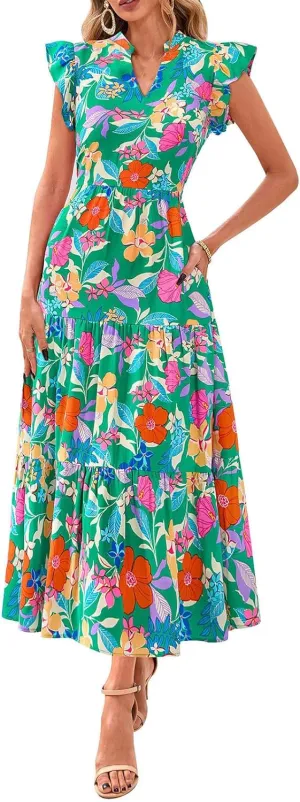 Summer Dresses for Women Trendy Floral Print V Neck Ruffle Sleeveless Maxi Dress Casual Flowy Tunic Ruffle Hem Dress