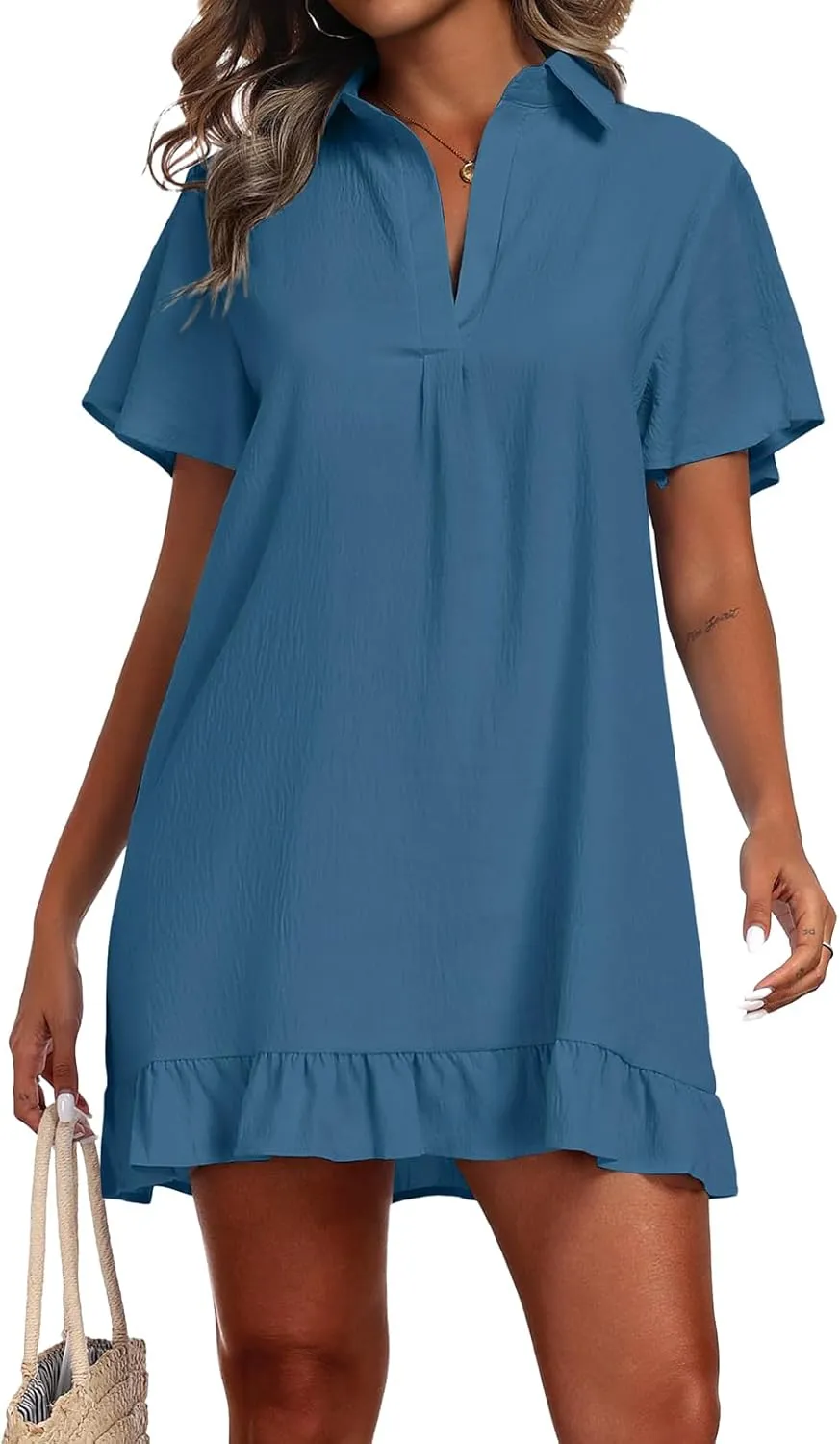 Summer Dresses for Women V Neck Short Sleeve Polo Dress Loose Casual Beach Dresses Ruffle Hem Sundresses