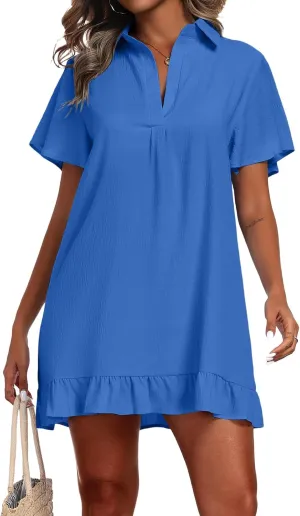 Summer Dresses for Women V Neck Short Sleeve Polo Dress Loose Casual Beach Dresses Ruffle Hem Sundresses