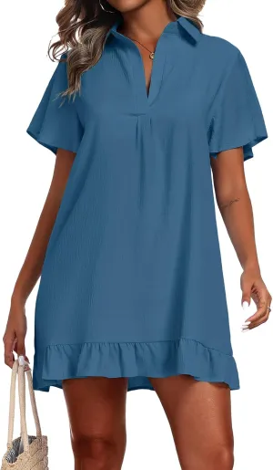 Summer Dresses for Women V Neck Short Sleeve Polo Dress Loose Casual Beach Dresses Ruffle Hem Sundresses