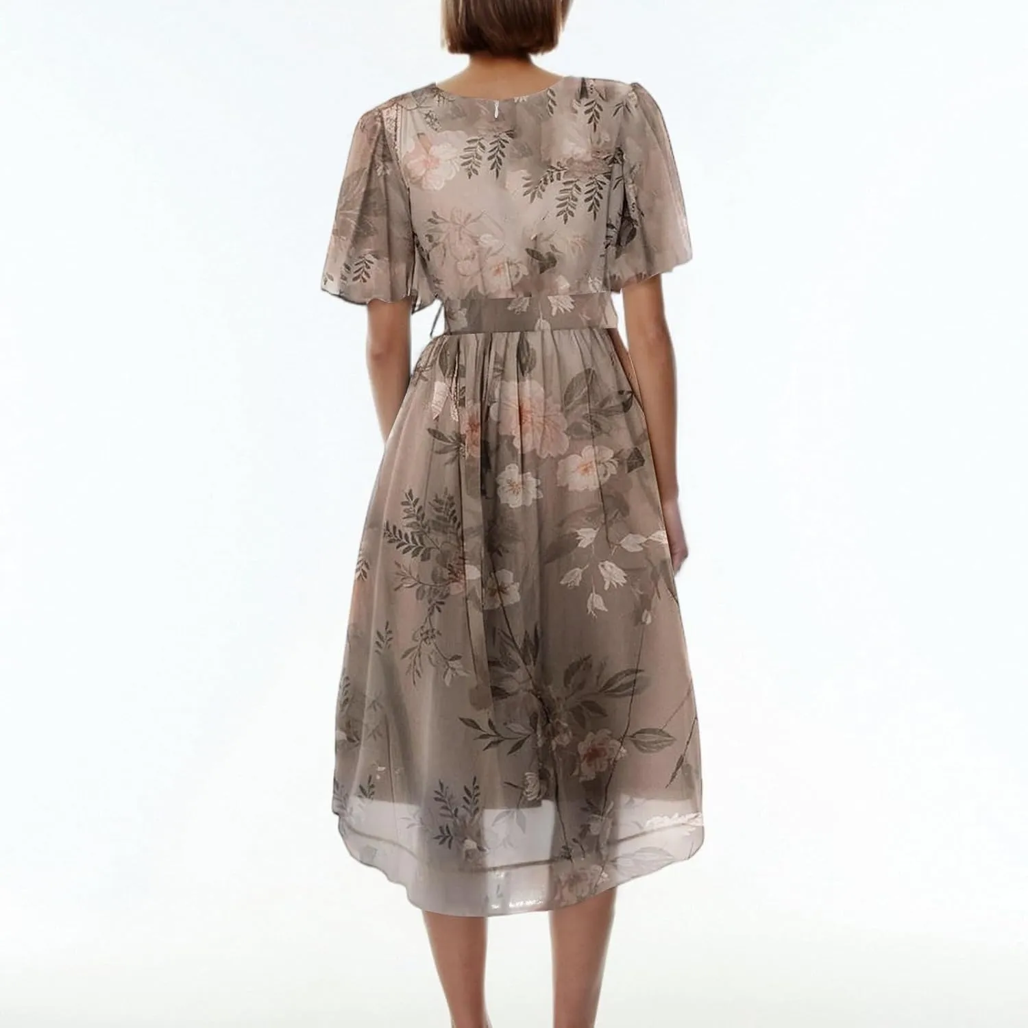 Summer Floral Chiffon Dresses for Women 2025 Midi Trendy Short Sleeve V Neck Tie Elastic Waist Flowy Swing A Line Dress