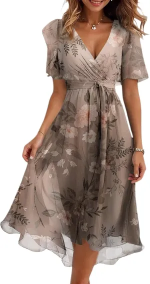 Summer Floral Chiffon Dresses for Women 2025 Midi Trendy Short Sleeve V Neck Tie Elastic Waist Flowy Swing A Line Dress