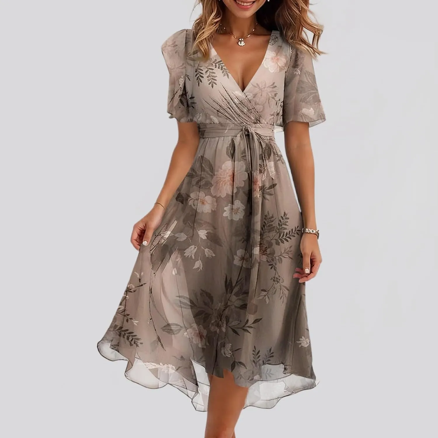 Summer Floral Chiffon Dresses for Women 2025 Midi Trendy Short Sleeve V Neck Tie Elastic Waist Flowy Swing A Line Dress