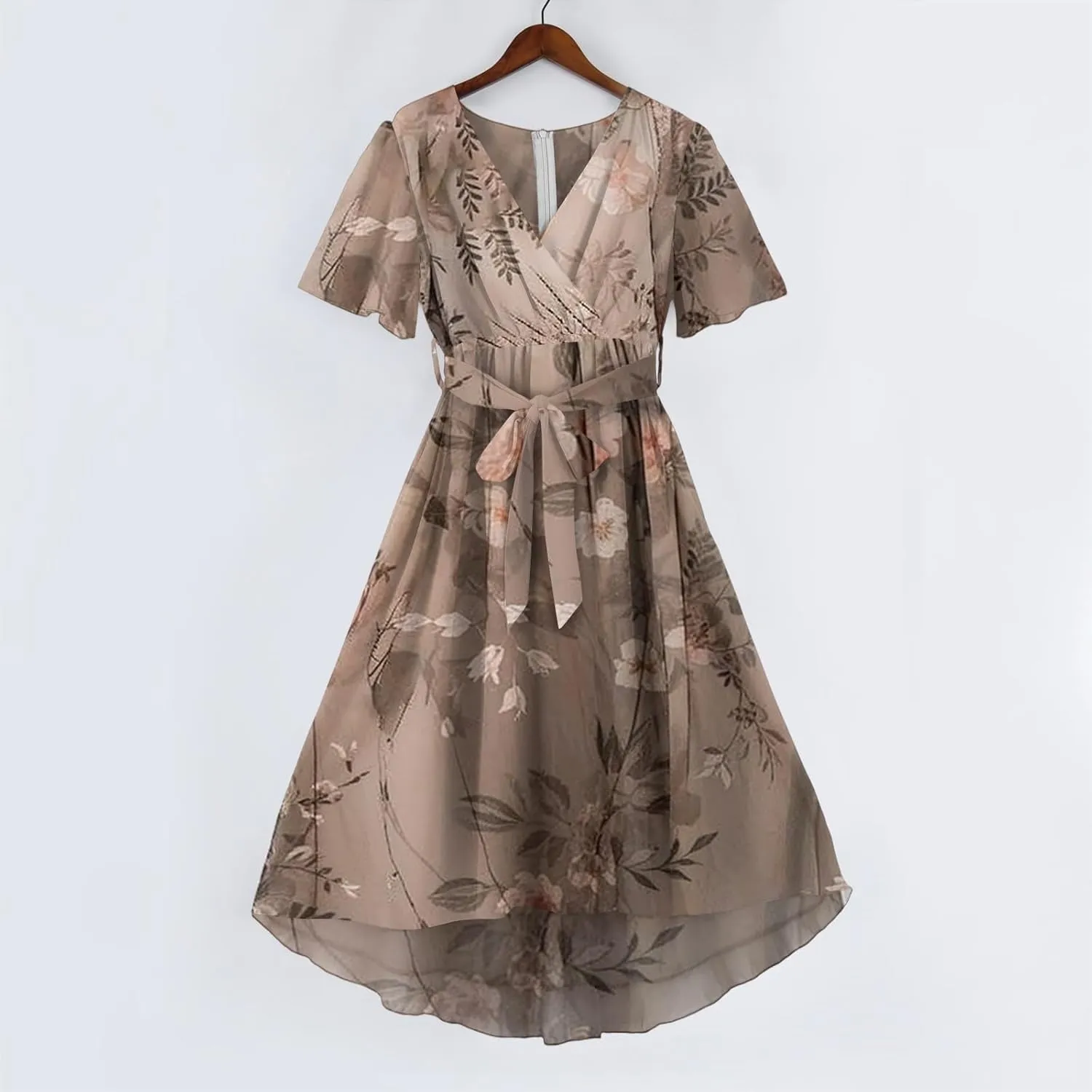 Summer Floral Chiffon Dresses for Women 2025 Midi Trendy Short Sleeve V Neck Tie Elastic Waist Flowy Swing A Line Dress