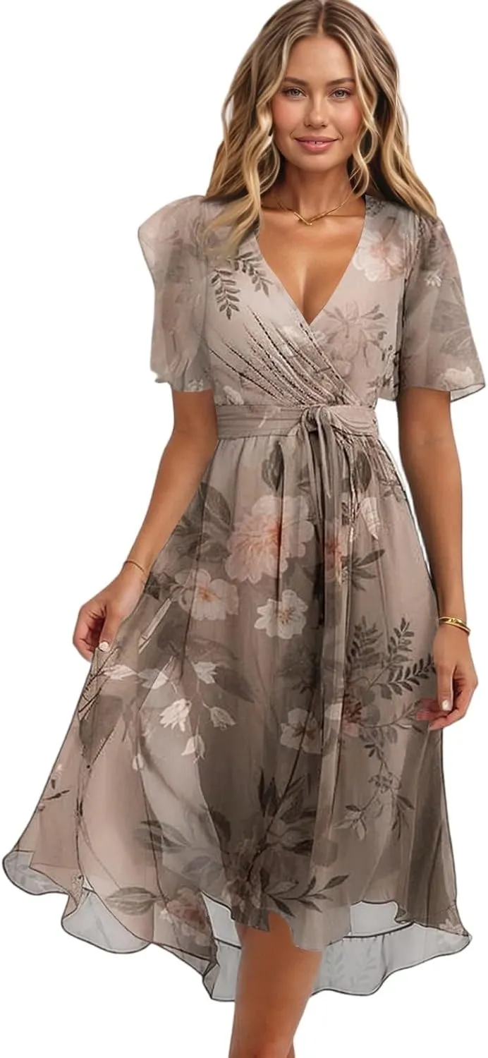 Summer Floral Chiffon Dresses for Women 2025 Midi Trendy Short Sleeve V Neck Tie Elastic Waist Flowy Swing A Line Dress