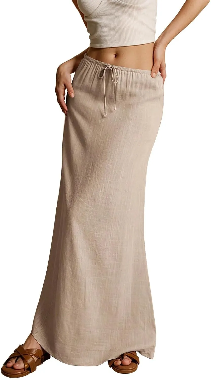 Summer Maxi Skirts for Women Trendy Low Waisted Drawstring Skorts Casual Lightweight Solid Color Simple Long Skirts