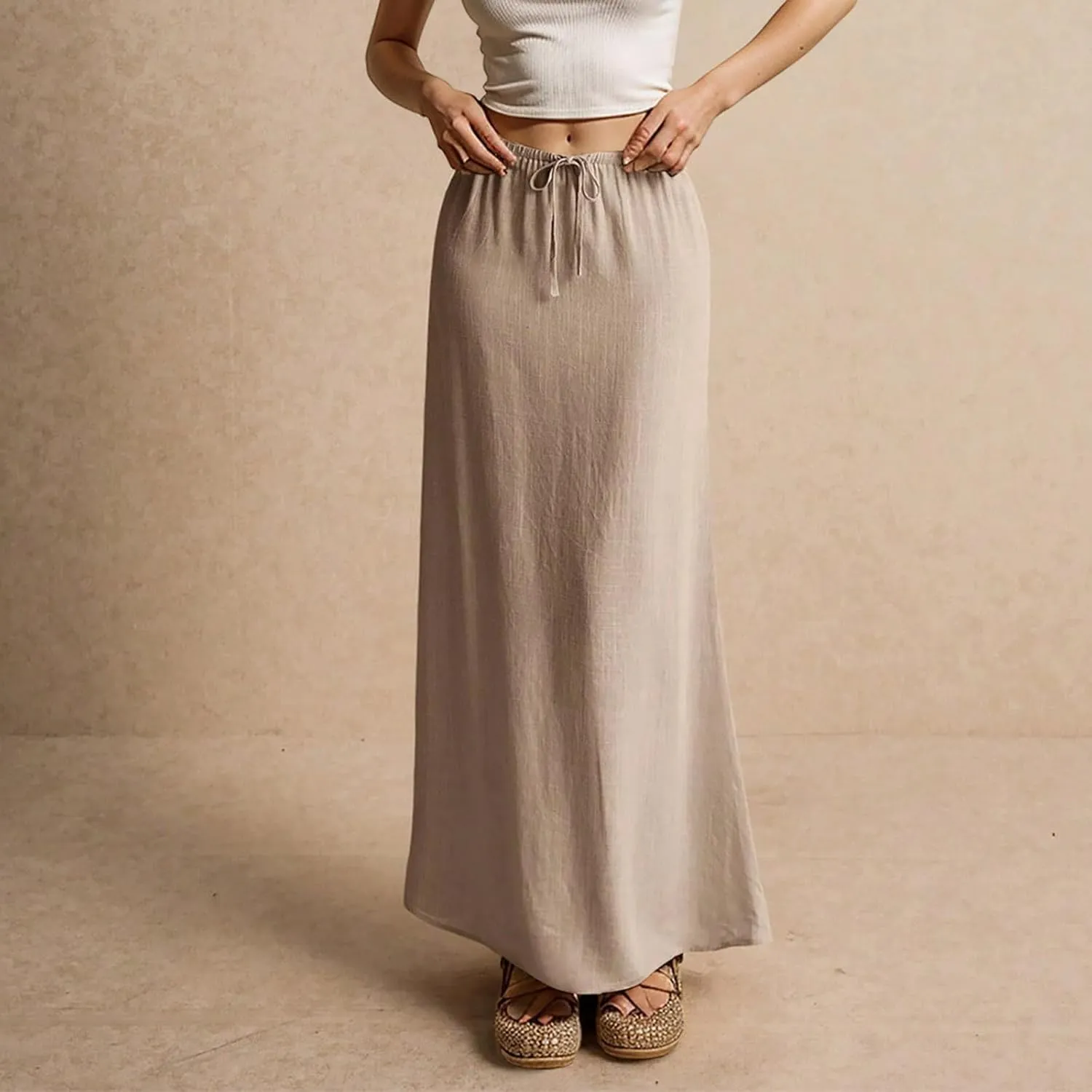 Summer Maxi Skirts for Women Trendy Low Waisted Drawstring Skorts Casual Lightweight Solid Color Simple Long Skirts