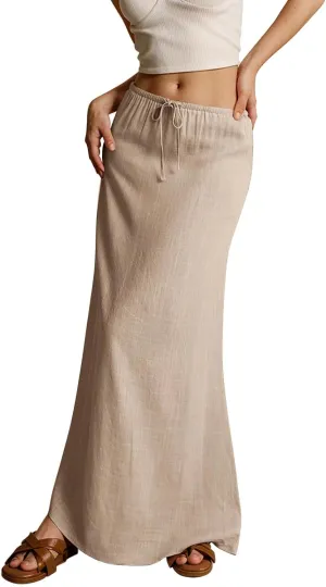 Summer Maxi Skirts for Women Trendy Low Waisted Drawstring Skorts Casual Lightweight Solid Color Simple Long Skirts