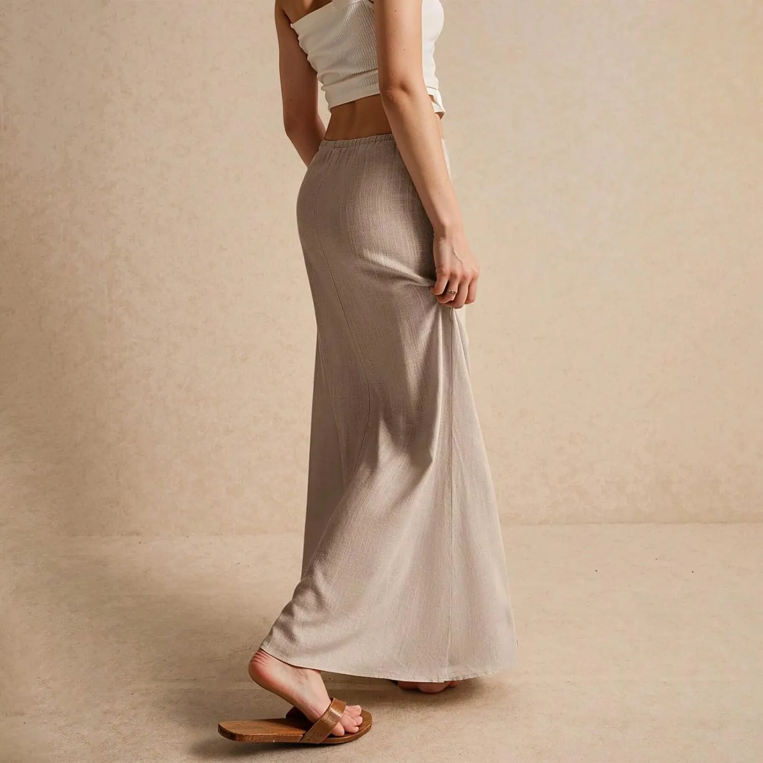 Summer Maxi Skirts for Women Trendy Low Waisted Drawstring Skorts Casual Lightweight Solid Color Simple Long Skirts