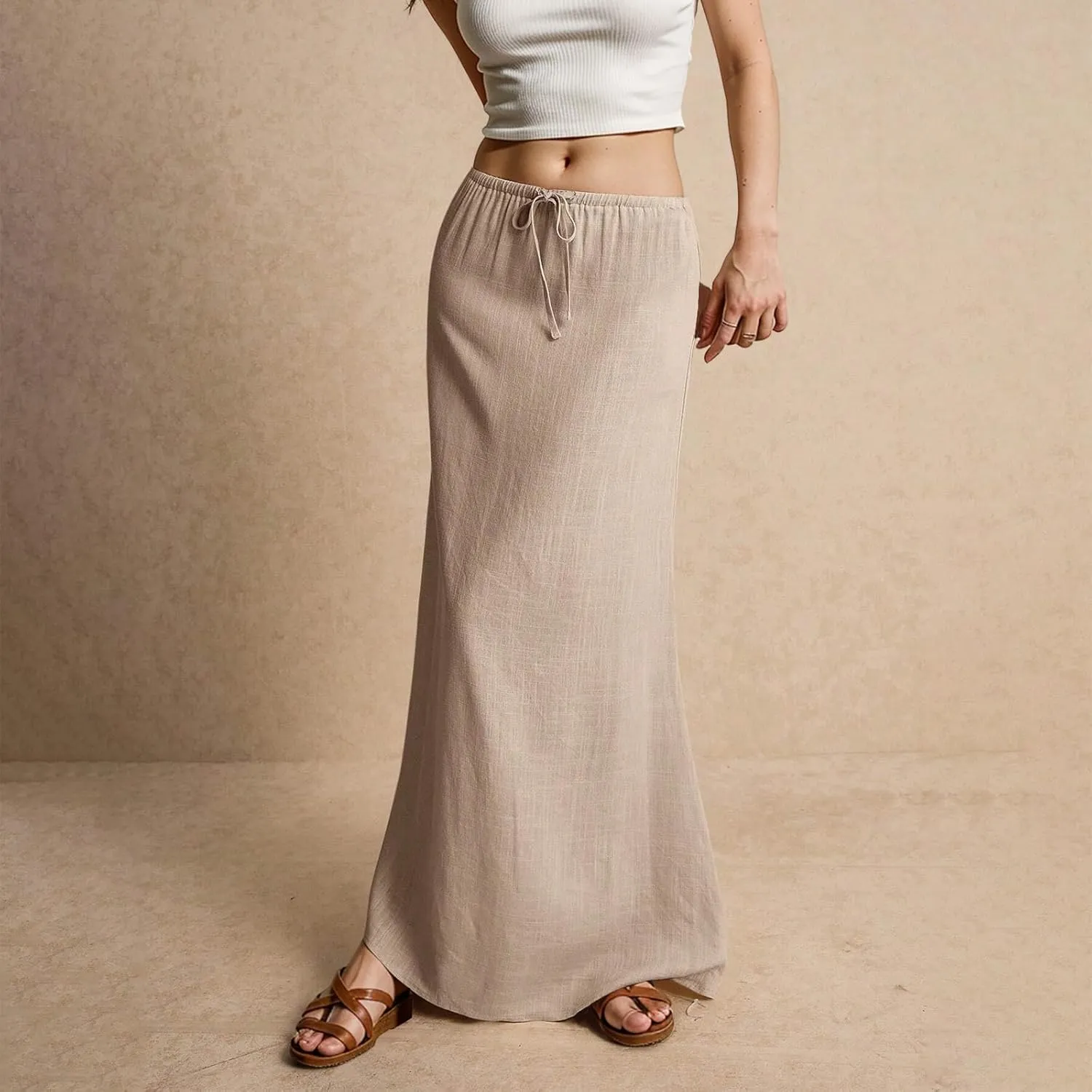 Summer Maxi Skirts for Women Trendy Low Waisted Drawstring Skorts Casual Lightweight Solid Color Simple Long Skirts