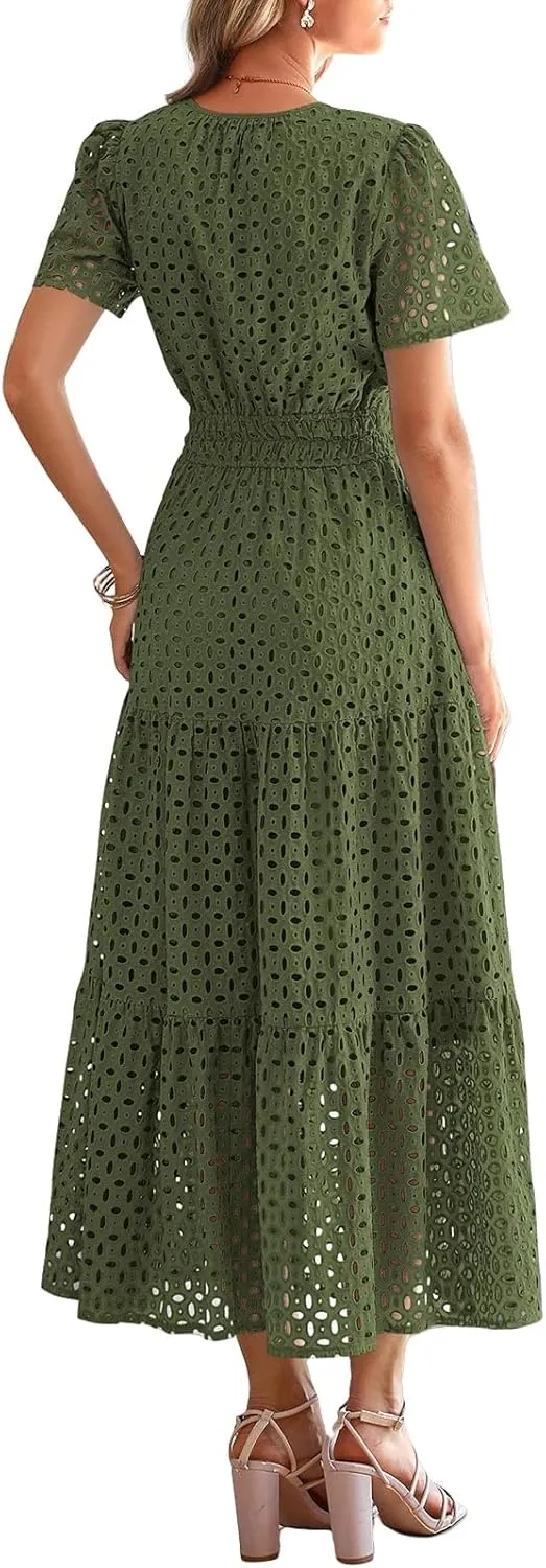 Summer Midi Dresses for Women Trendy Hollow Out V Neck Short Sleeve Dress Casual Comfortable Tunic Pleated Sundress