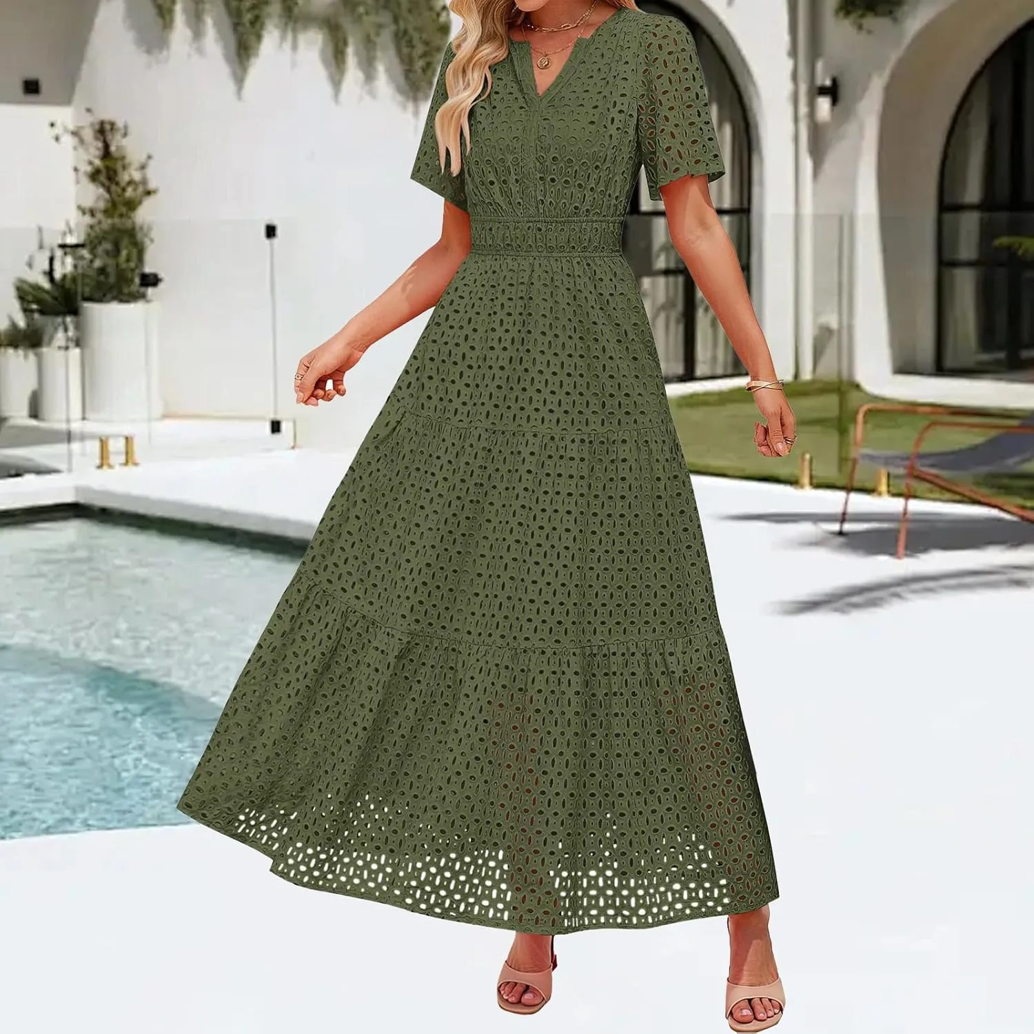 Summer Midi Dresses for Women Trendy Hollow Out V Neck Short Sleeve Dress Casual Comfortable Tunic Pleated Sundress