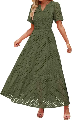 Summer Midi Dresses for Women Trendy Hollow Out V Neck Short Sleeve Dress Casual Comfortable Tunic Pleated Sundress